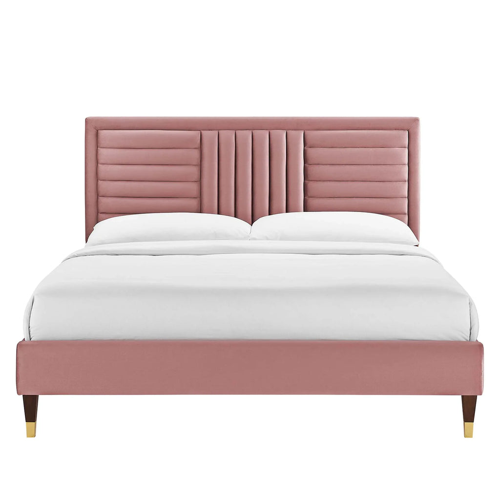 Sofia Channel Tufted Performance Velvet Platform Bed With Wood and Gold Legs