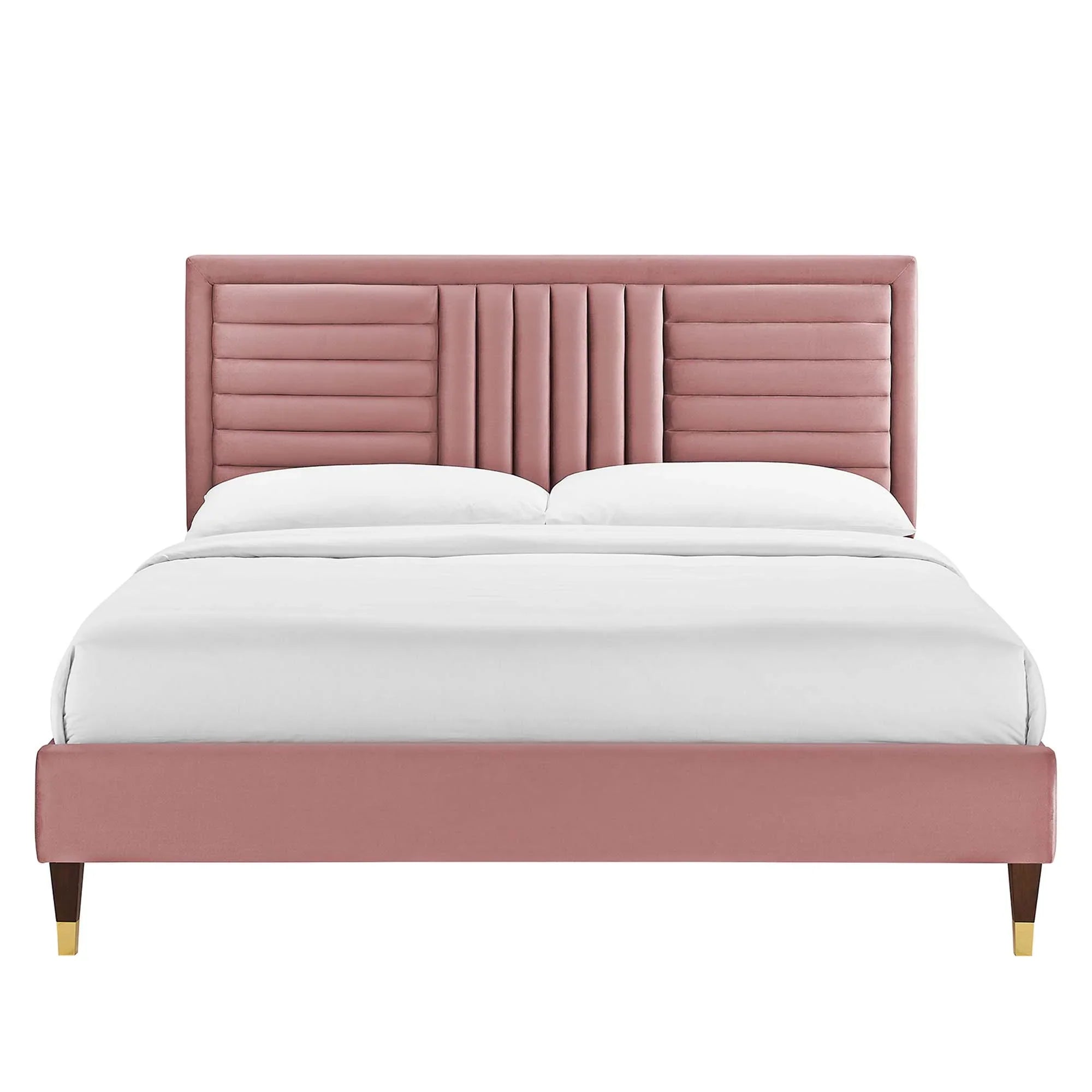 Sofia Channel Tufted Performance Velvet Platform Bed With Wood and Gold Legs