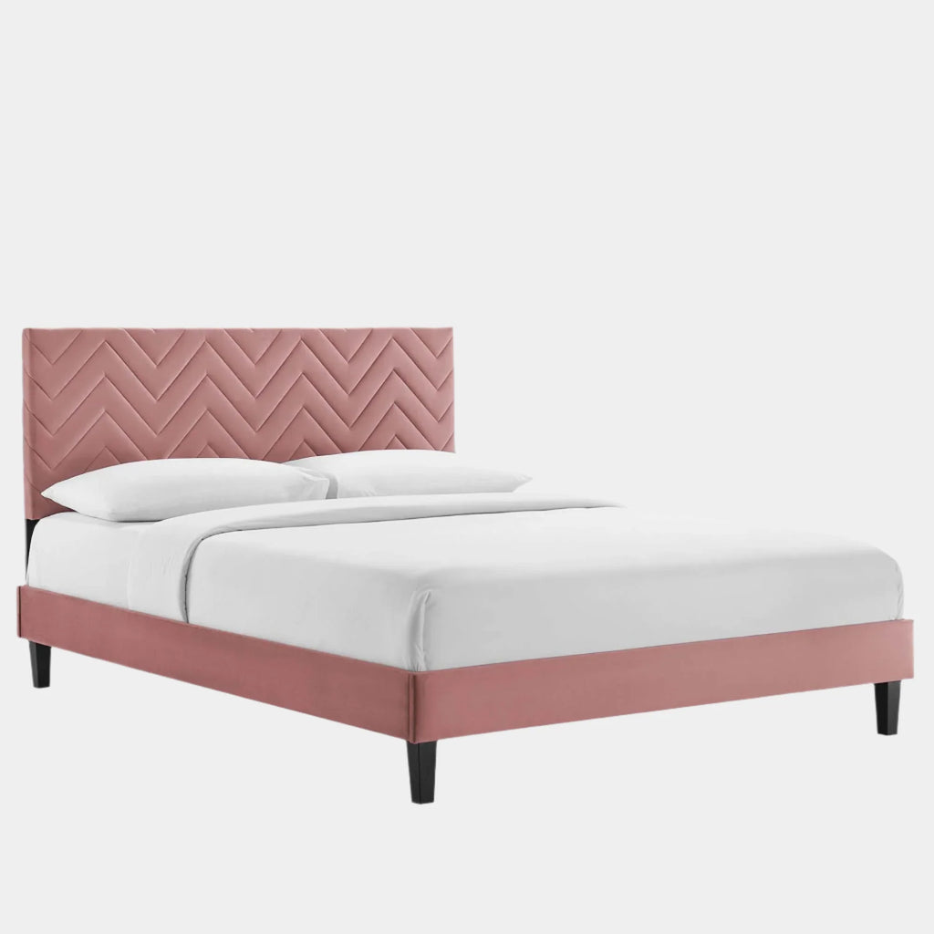Leah Chevron Tufted Performance Velvet Platform Bed With Black Wood Legs