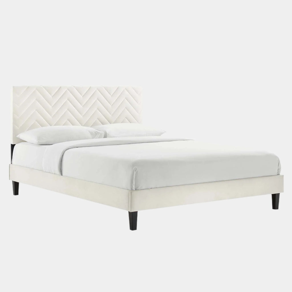 Leah Chevron Tufted Performance Velvet Platform Bed With Black Wood Legs