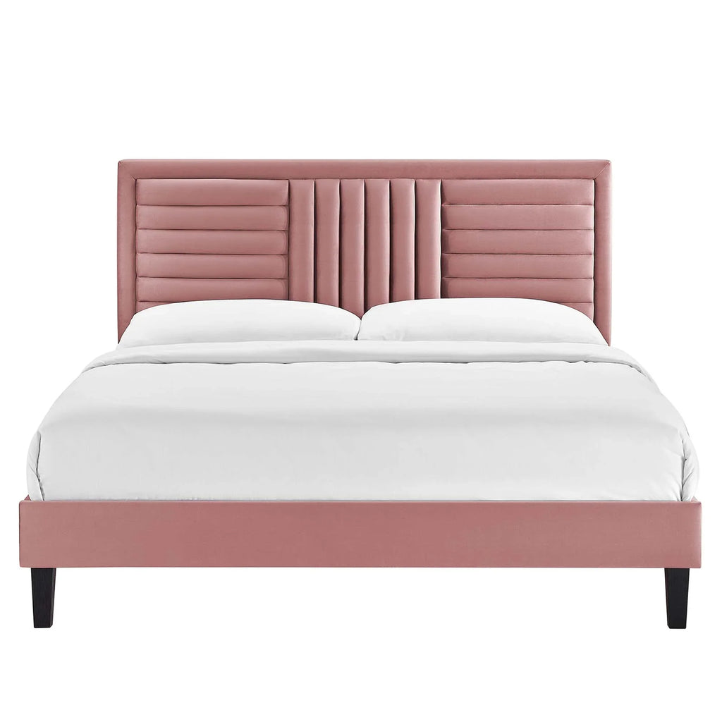 Sofia Channel Tufted Performance Velvet Platform Bed With Black Wood Legs