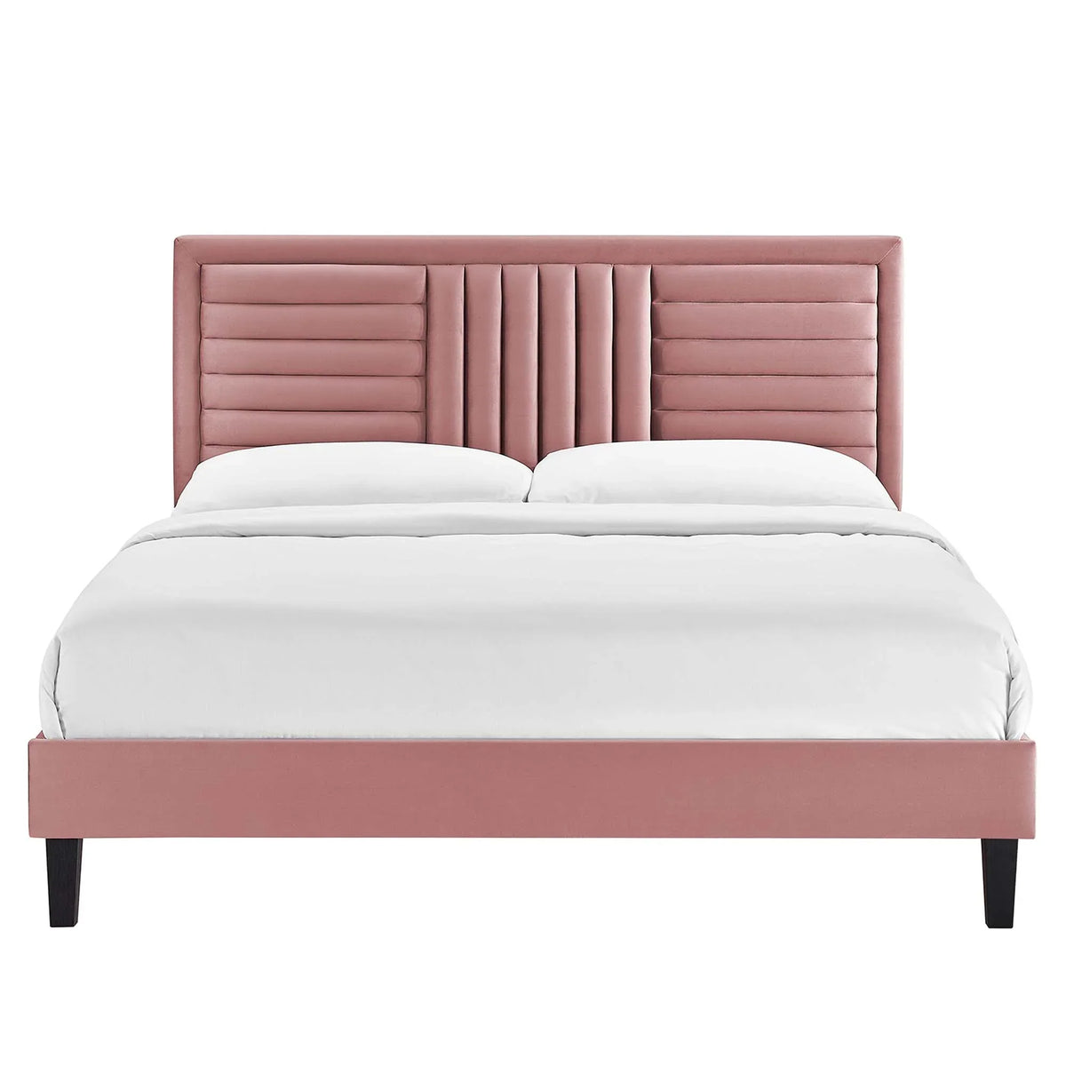 Sofia Channel Tufted Performance Velvet Platform Bed With Black Wood Legs