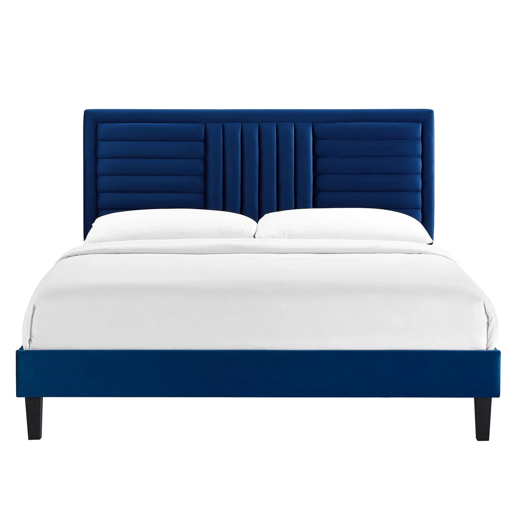 Sofia Channel Tufted Performance Velvet Platform Bed With Black Wood Legs