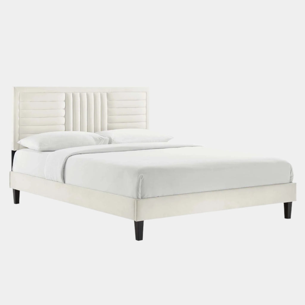 Sofia Channel Tufted Performance Velvet Platform Bed With Black Wood Legs