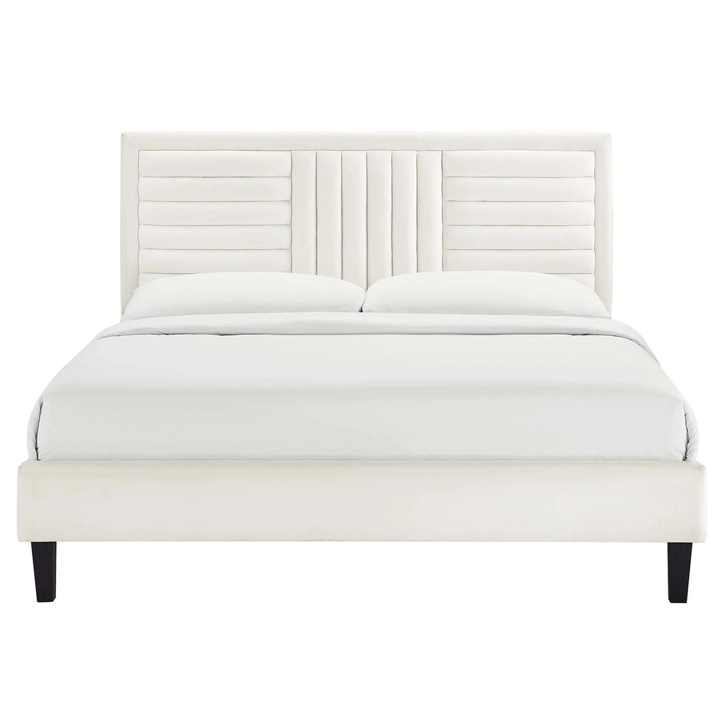 Sofia Channel Tufted Performance Velvet Platform Bed With Black Wood Legs