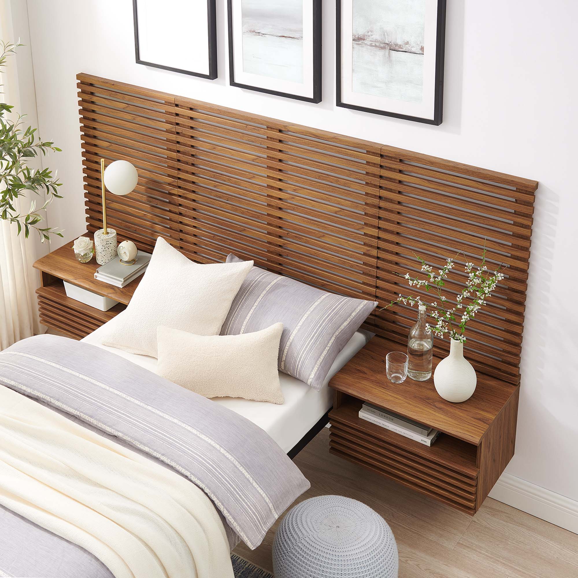 Render Wall Mount Queen Headboard and Modern Nightstands