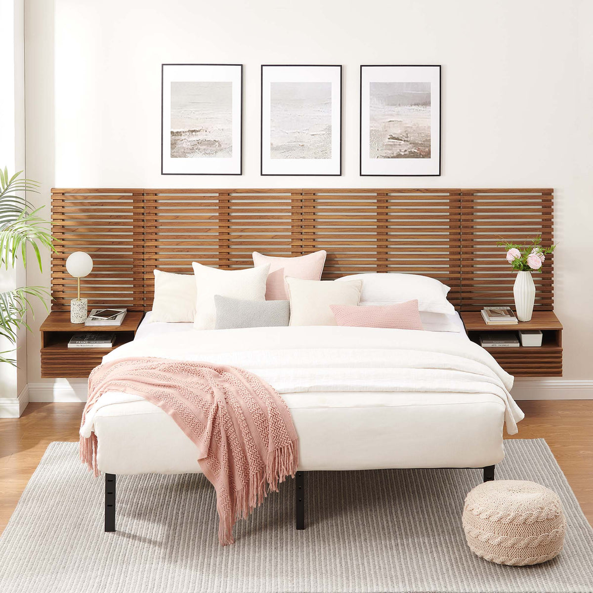 Render Wall Mount Queen Headboard and Modern Nightstands