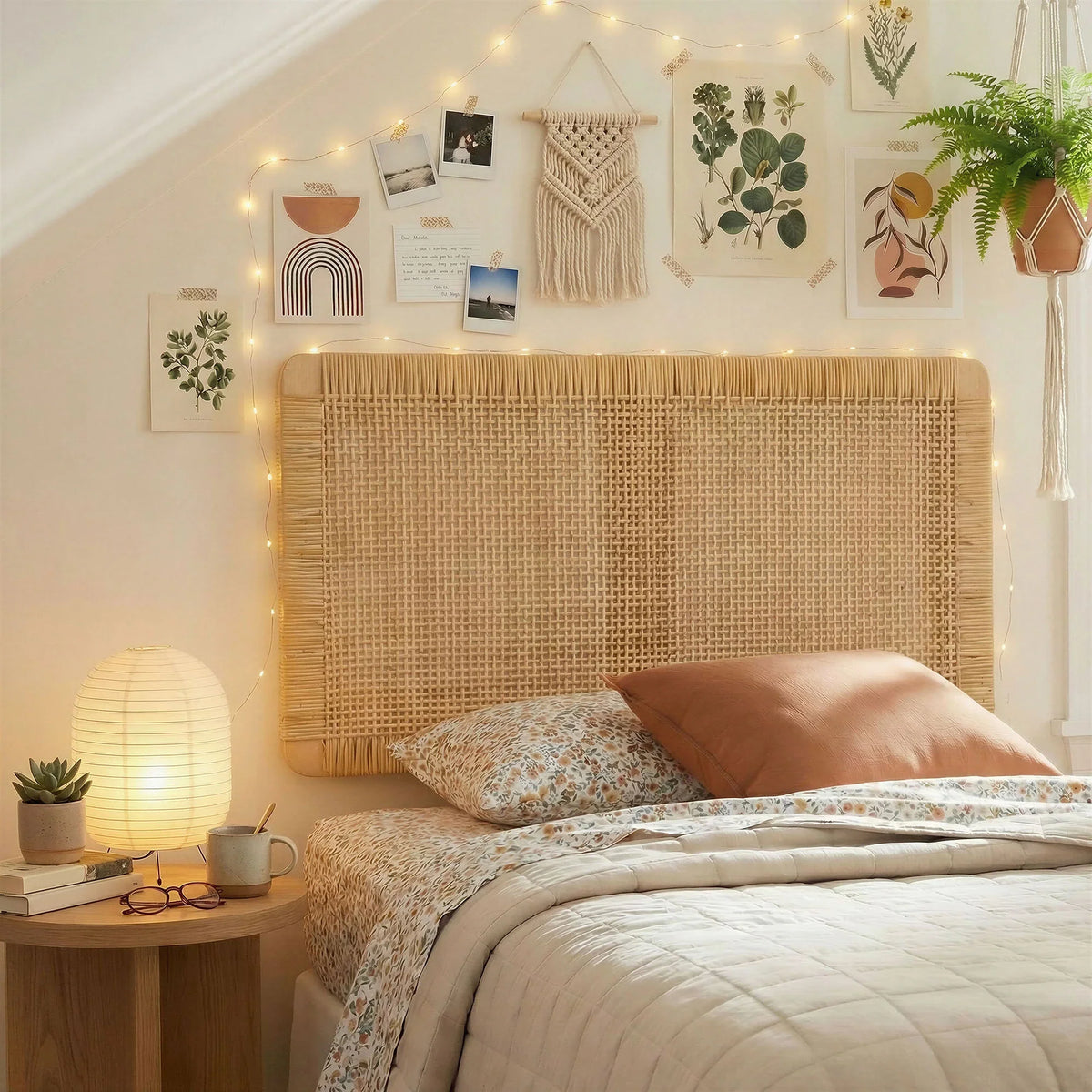 Sandy Wall Mounted Wood and Rattan Queen Size Headboard