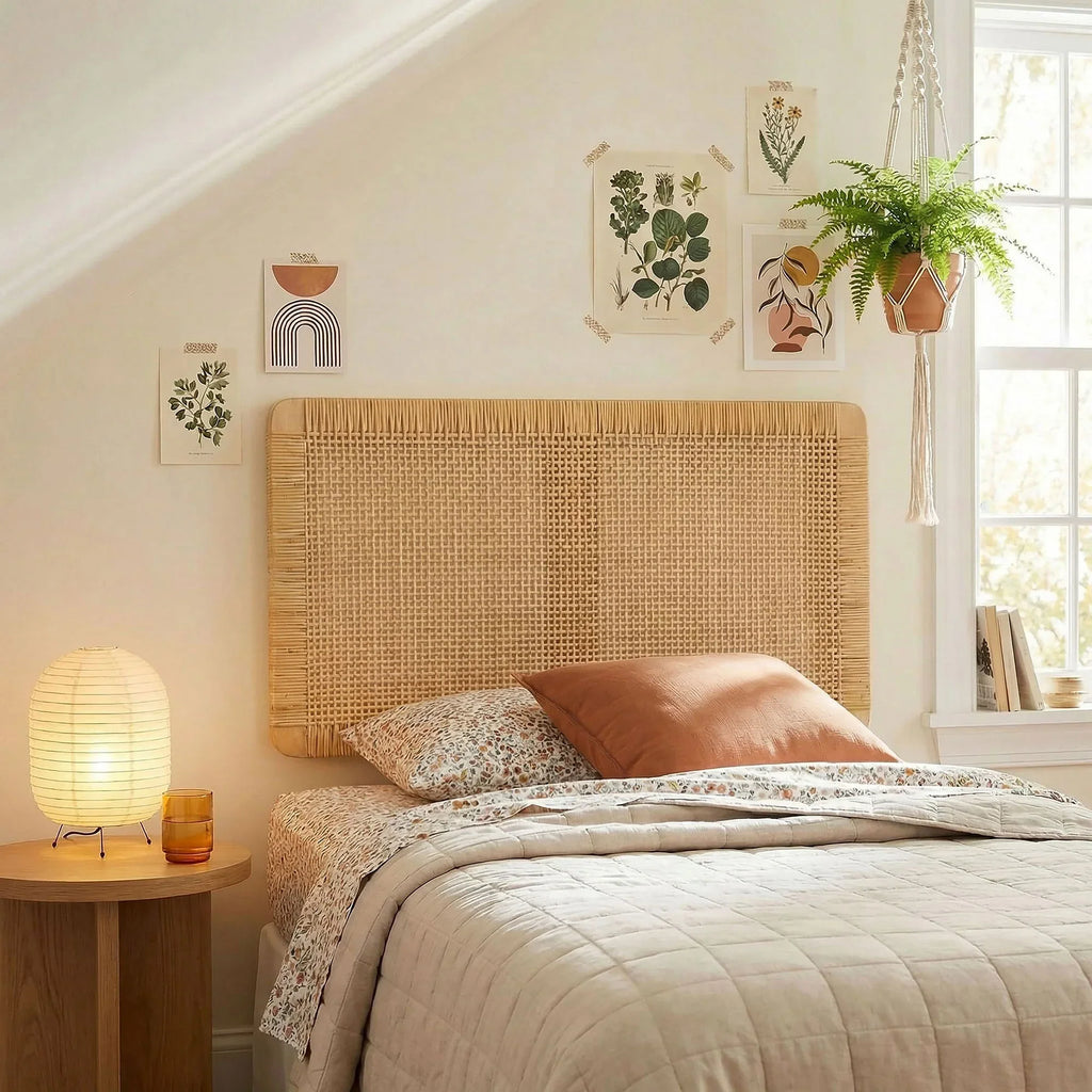 Sandy Wall Mounted Wood and Rattan Queen Size Headboard