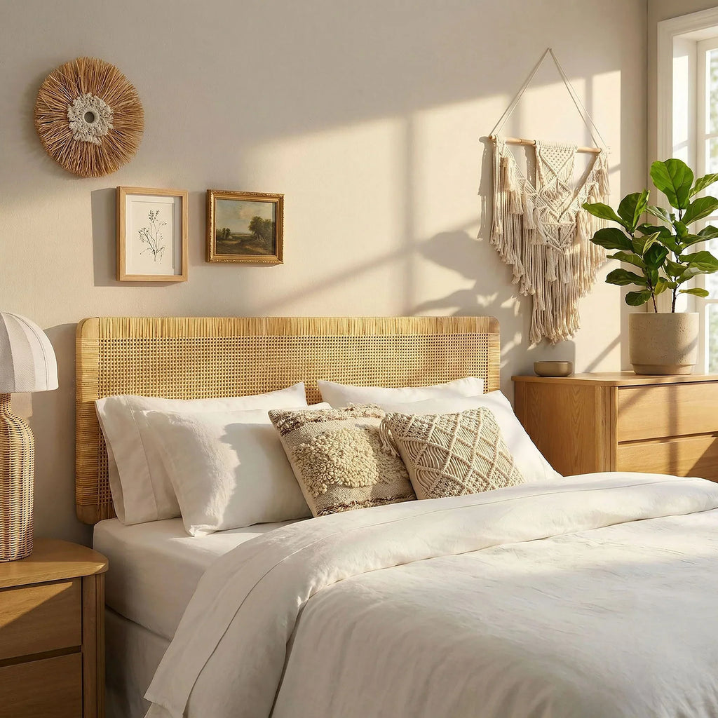 Sandy Wall Mounted Wood and Rattan Queen Size Headboard