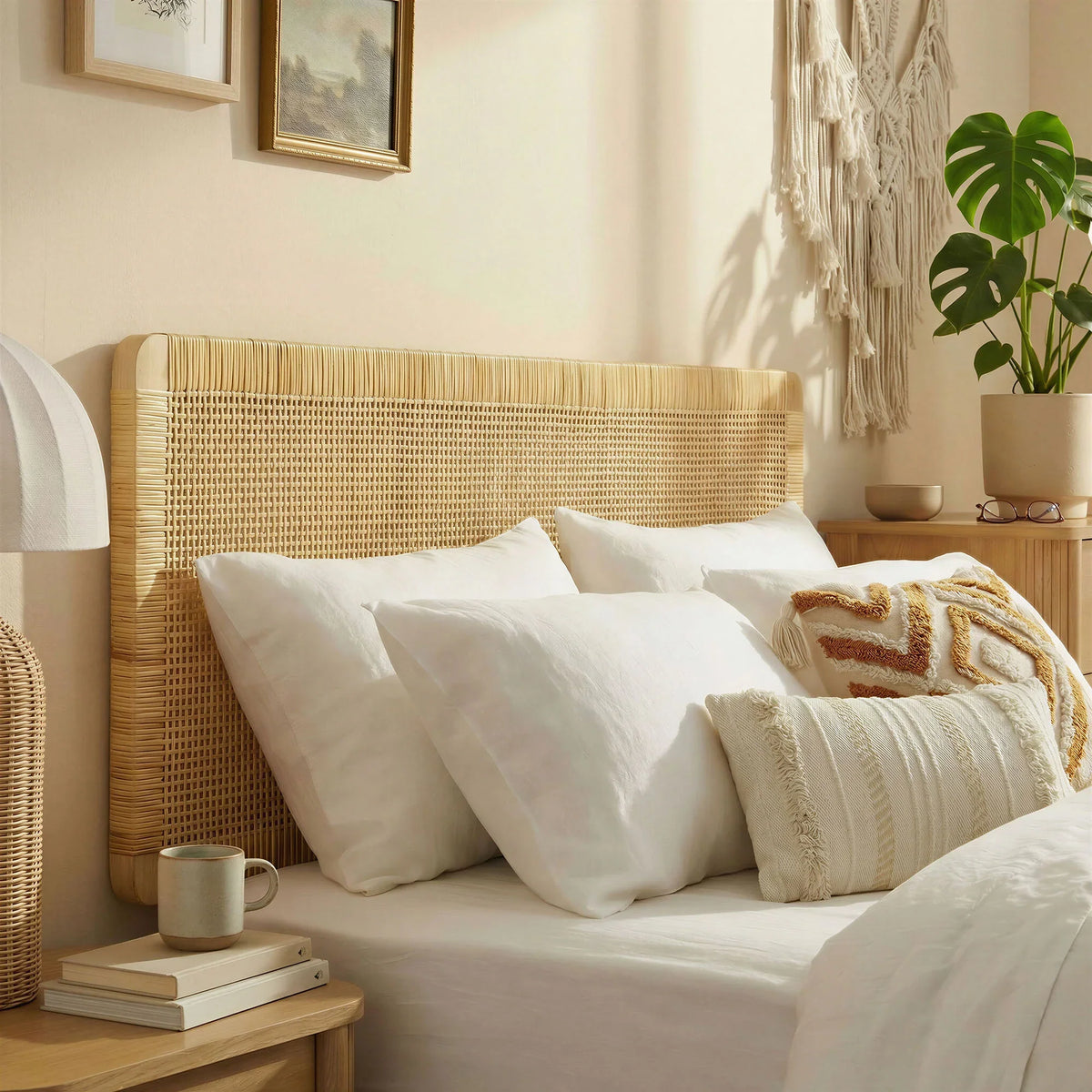 Sandy Wall Mounted Wood and Rattan Queen Size Headboard