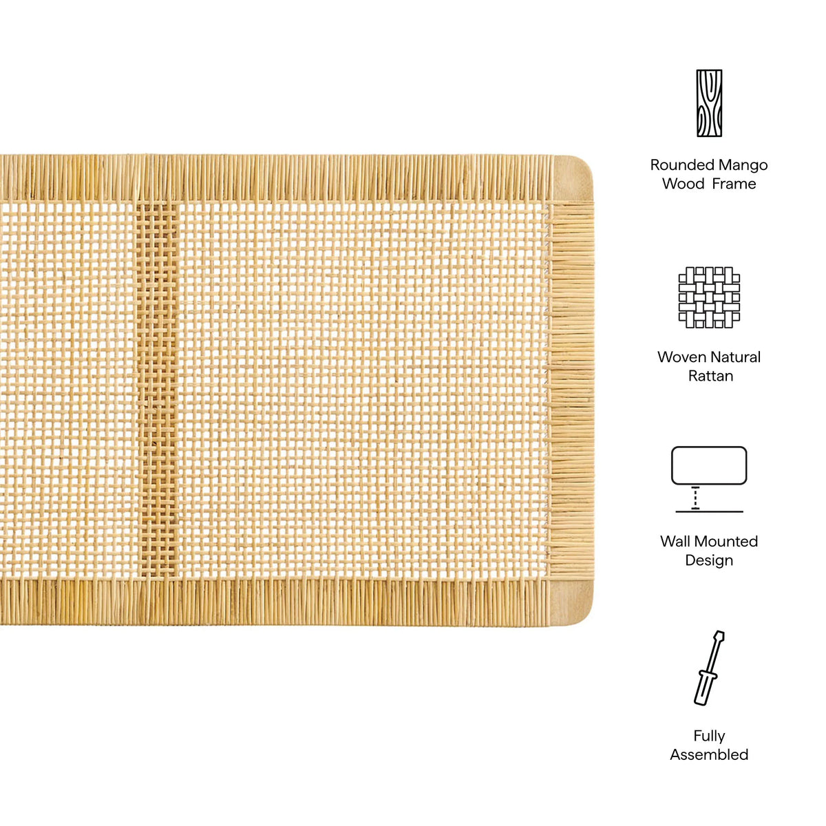 Sandy Wall Mounted Wood and Rattan Queen Size Headboard