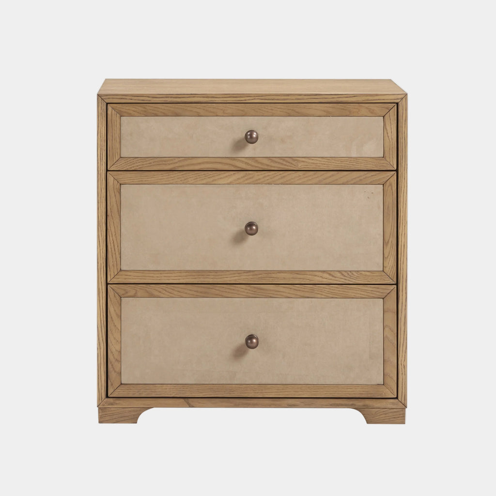 Laurentis 23.5" Light Taupe Suede and Wood 3-Drawer Nightstand