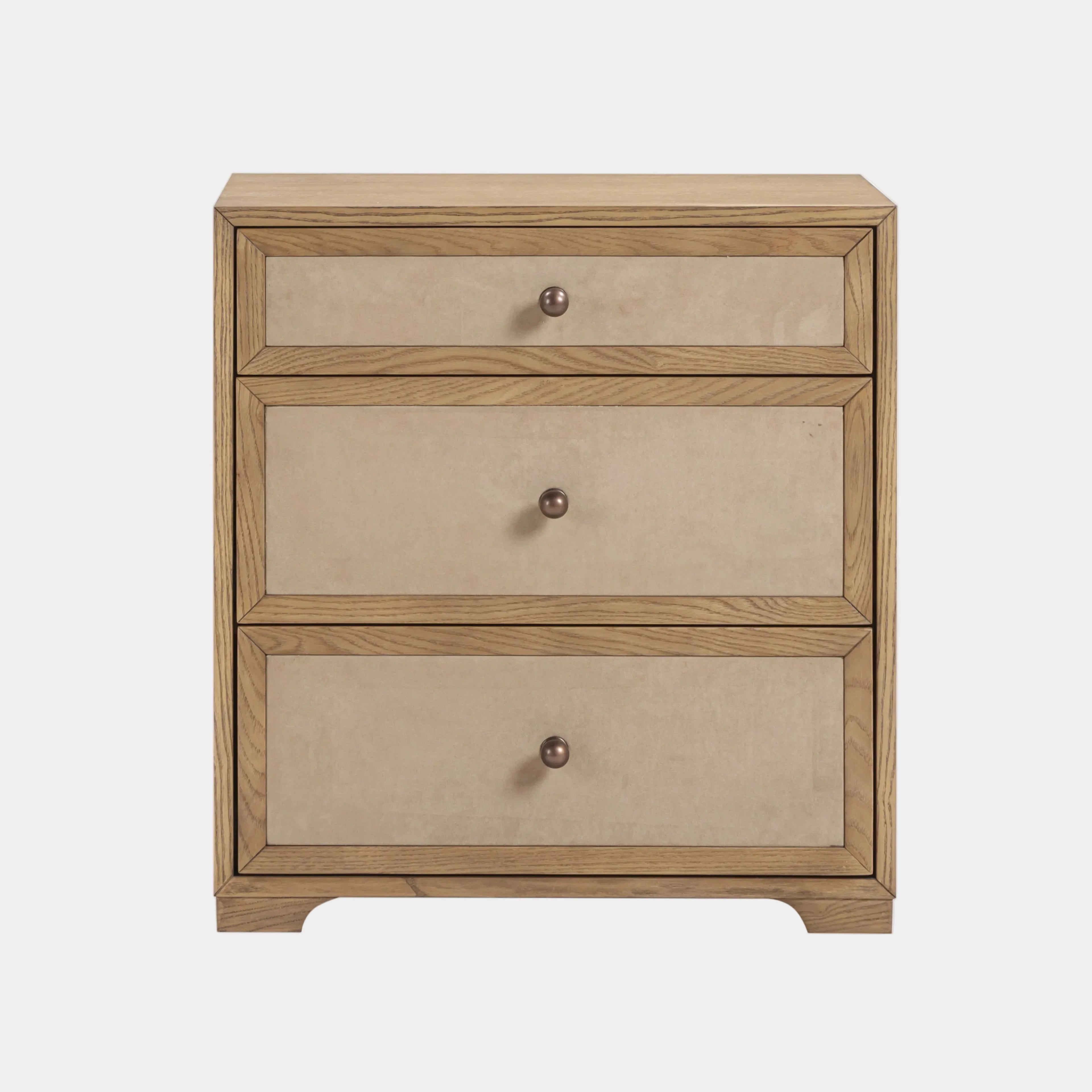Laurentis 23.5" Light Taupe Suede and Wood 3-Drawer Nightstand