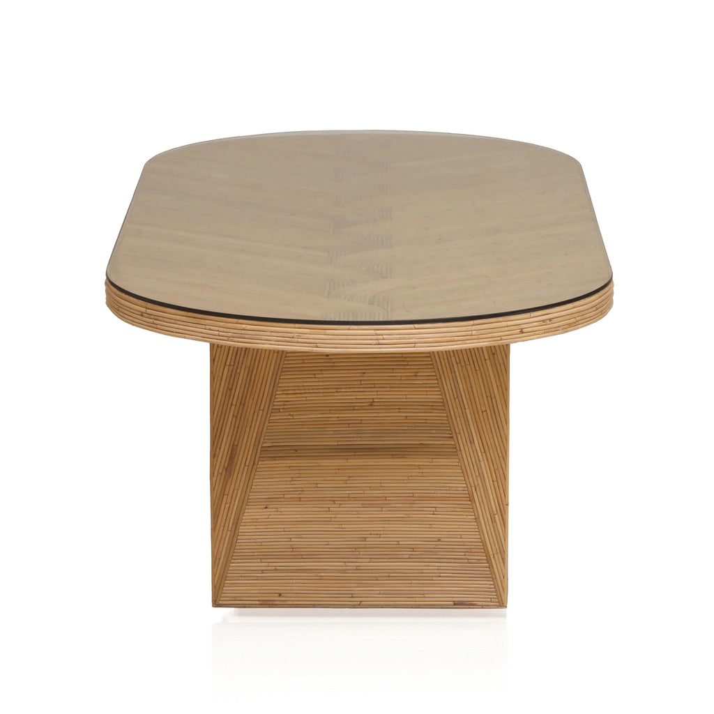 Caren 95" Natural Rattan and Glass Oval Dining Table