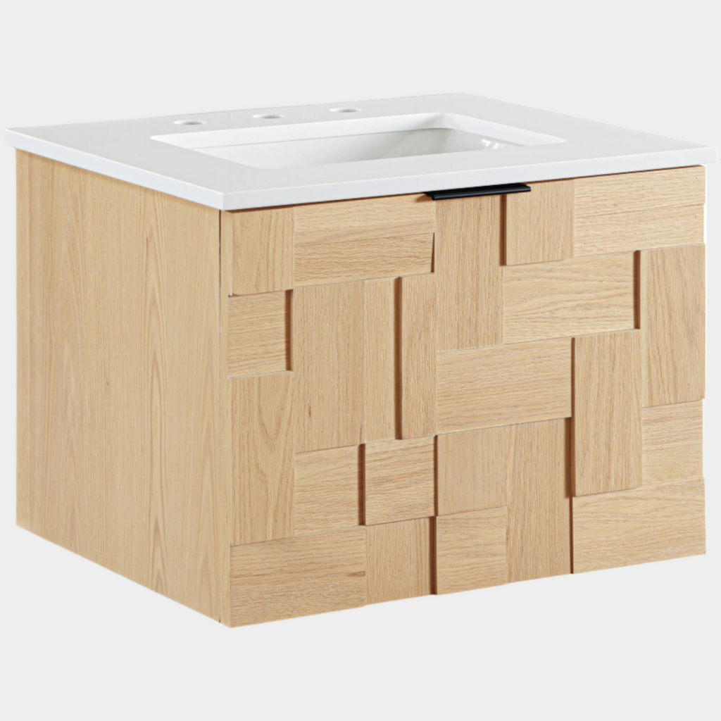 Leonardo White Engineered Stone And Solid Wood Wall Mounted Bathroom Vanity