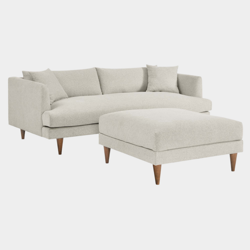 Zoya Down Filled Overstuffed Sofa and Ottoman Set in Heathered Weave Ivory
