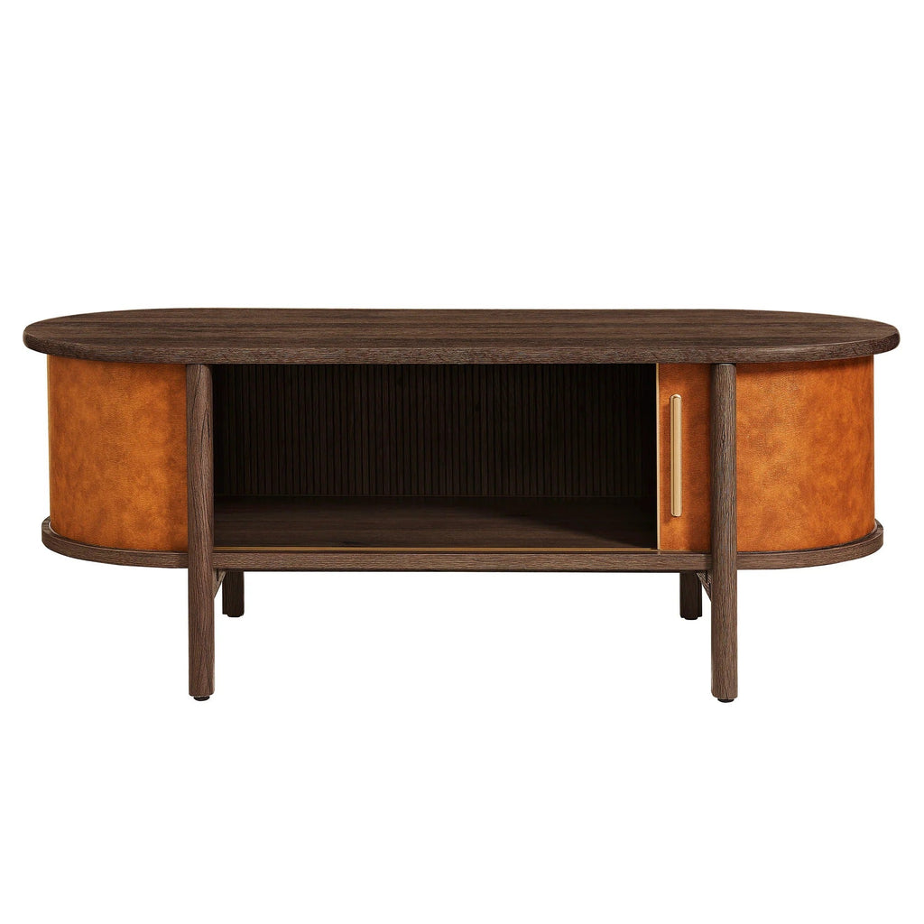 Coralie Curved Vegan Leather Oval Coffee Table in Walnut Tan