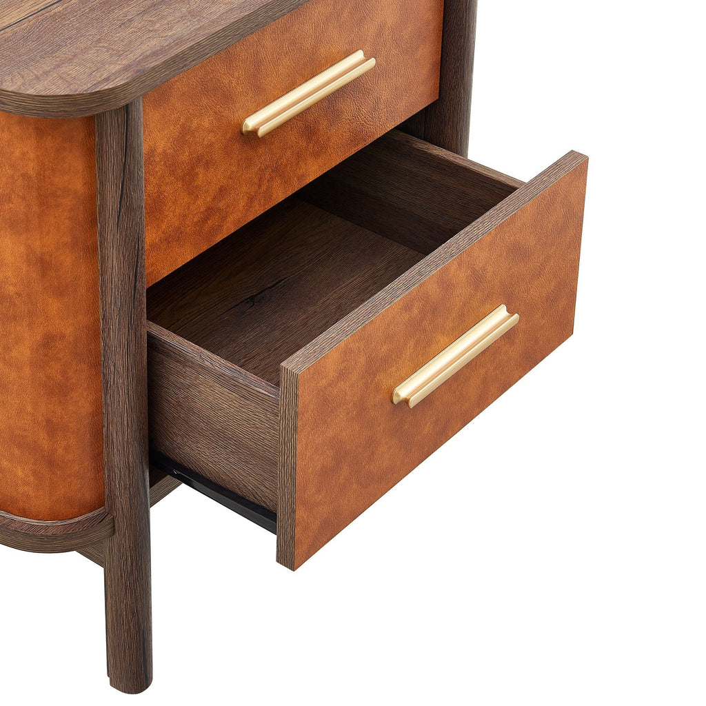 Coralie 2-Drawer Curved Vegan Leather Nightstand in Walnut Tan