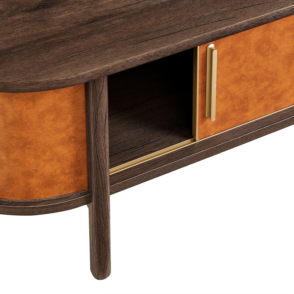 Coralie Curved Vegan Leather Oval Coffee Table in Walnut Tan