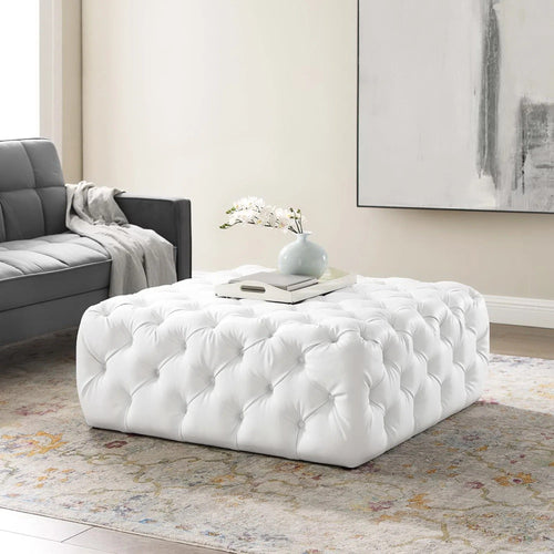 Amour Tufted Button Large Square Faux Leather Ottoman in White