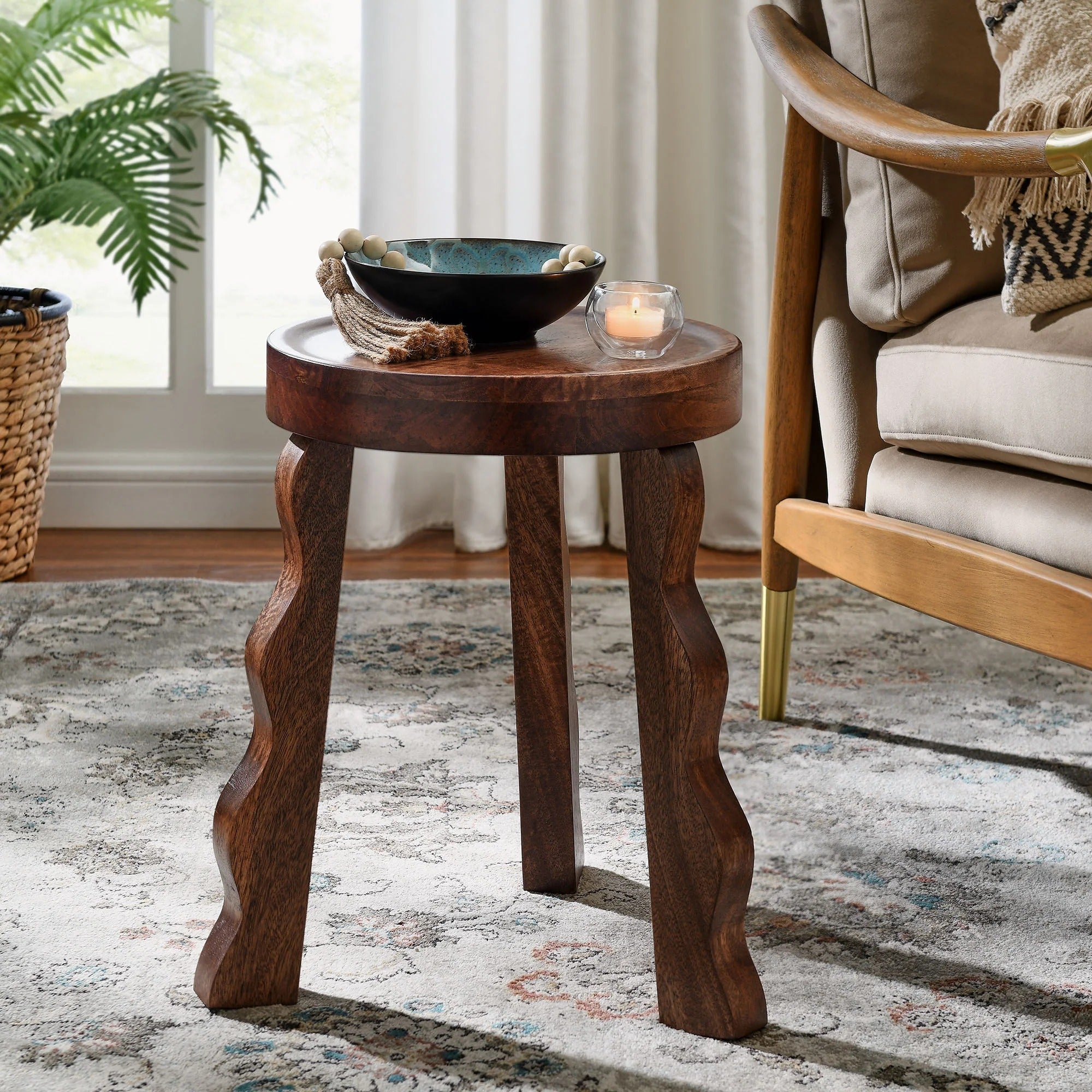 Sorrel Carved Wood Stool in Walnut