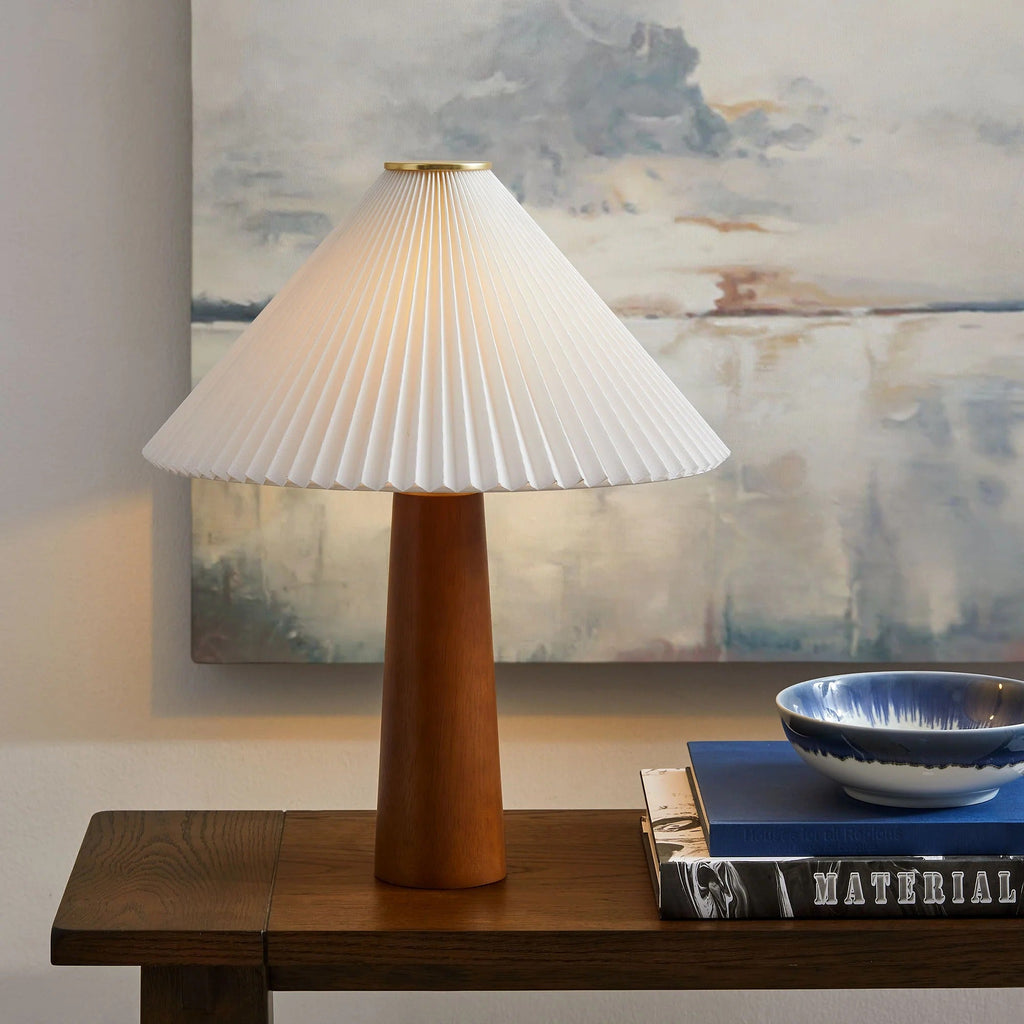 Jessica Wooden Base Table Lamp With Pleated Fabric Shade in Walnut