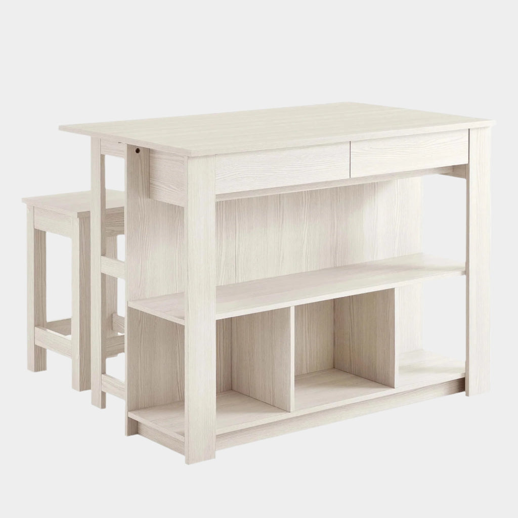 Meadowbrook 3-Piece Kitchen Island and Stool Set in White Maple