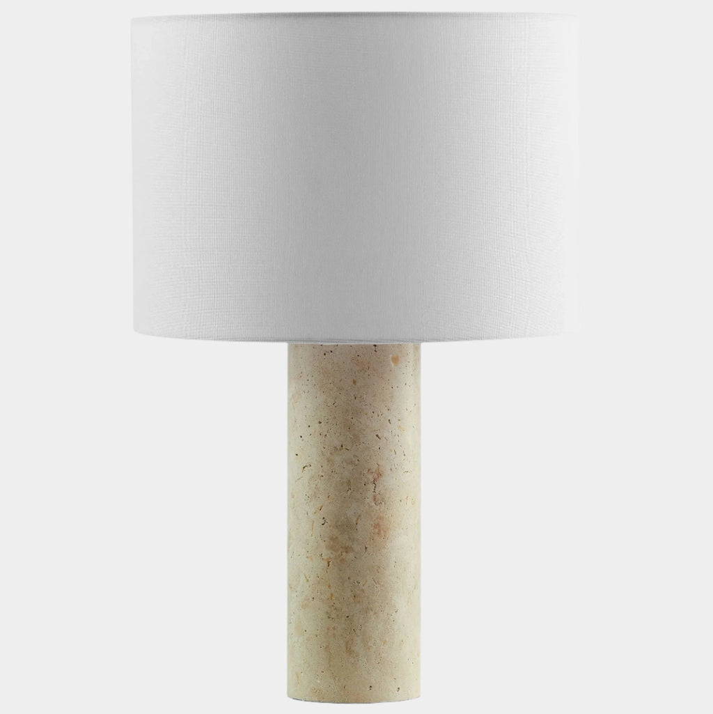 Zenith Travertine Table Lamp With Fabric Drum Shade in Travertine