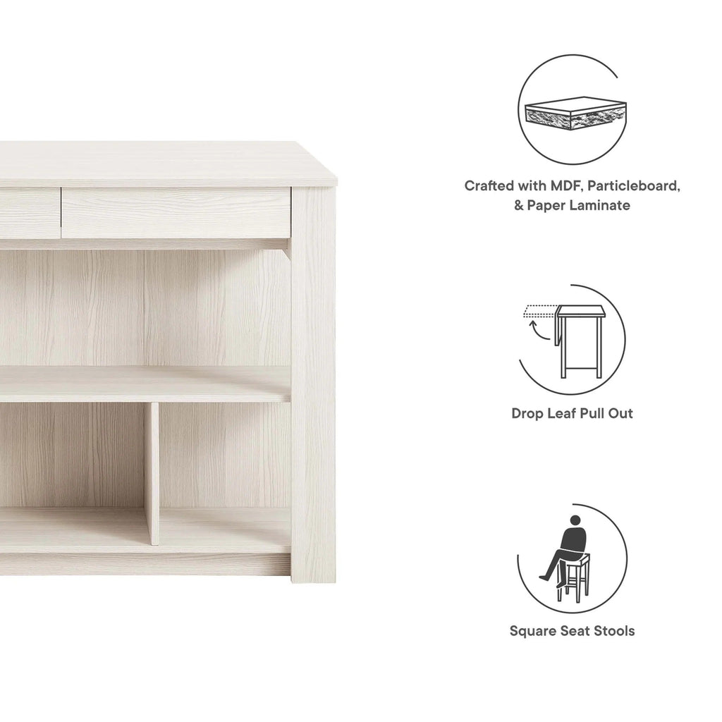 Meadowbrook 3-Piece Kitchen Island and Stool Set in White Maple