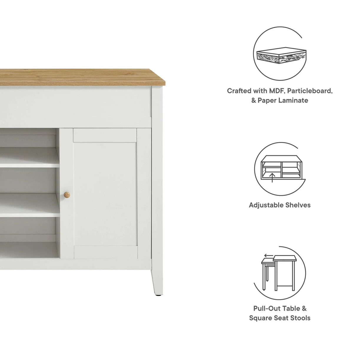 Garland 3-Piece Kitchen Island and Stool Set in Oak White
