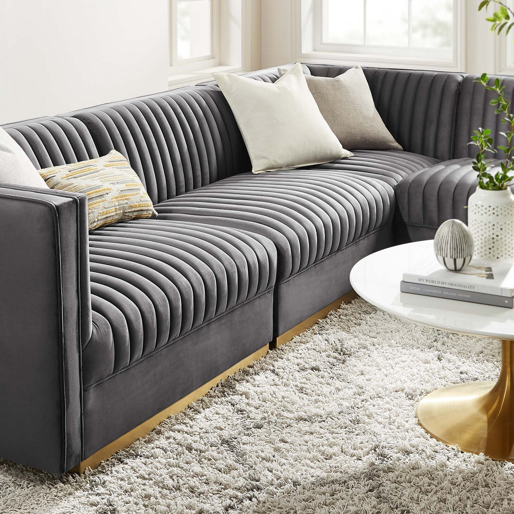 Sanguine 4-Piece Channel Tufted Performance Velvet Right-Facing Modular Sectional Sofa in Gray