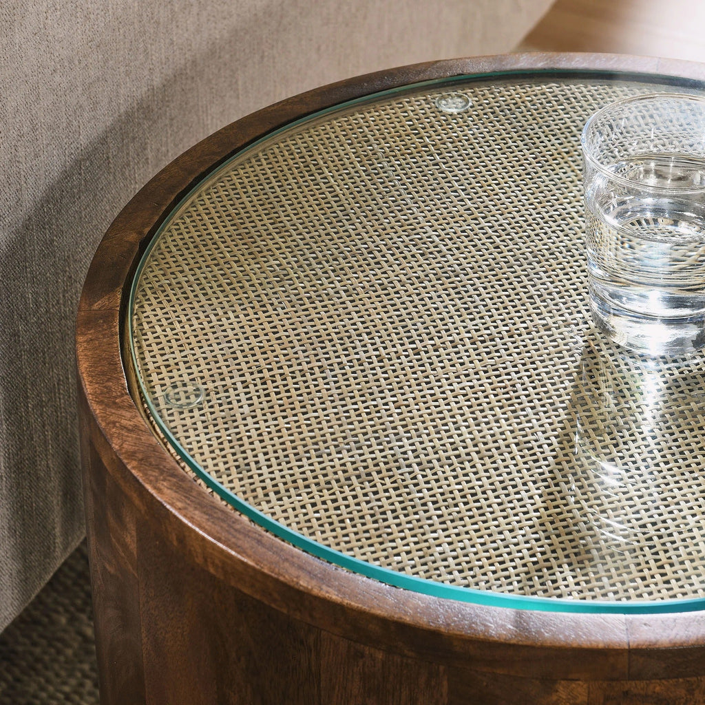 Truett Round Wood Rattan Side Table in Walnut