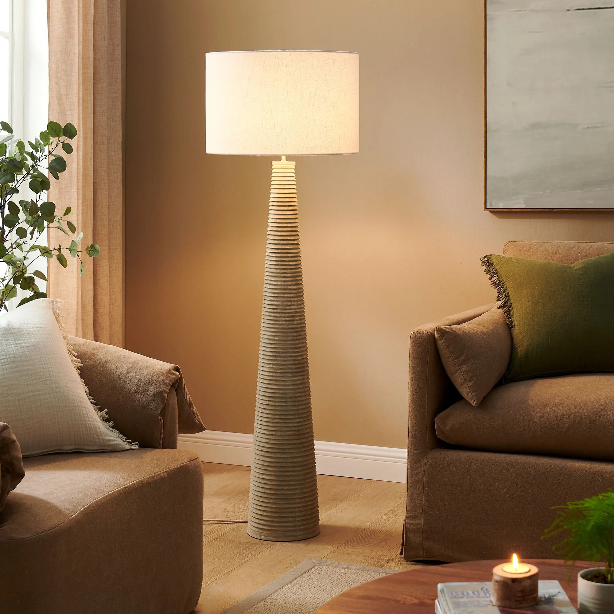 Saylor Carved Ribbed Wood Floor Lamp With Drum Shade in White Gray