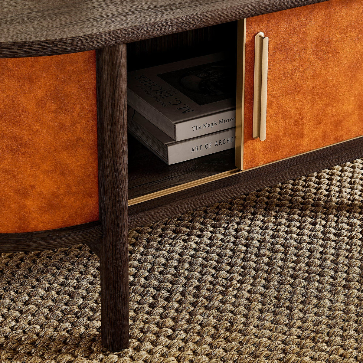 Coralie Curved Vegan Leather Oval Coffee Table in Walnut Tan