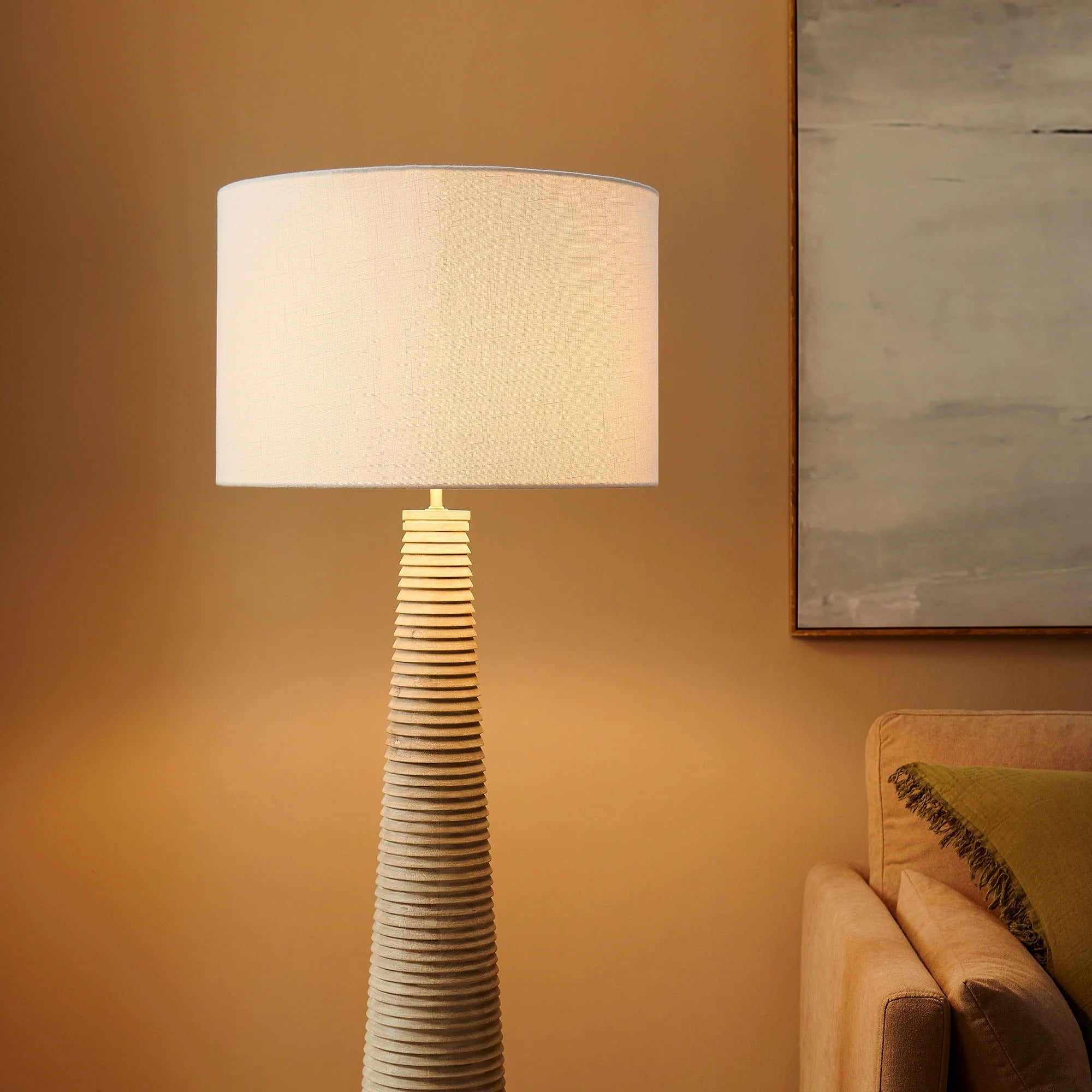 Saylor Carved Ribbed Wood Floor Lamp With Drum Shade in White Gray