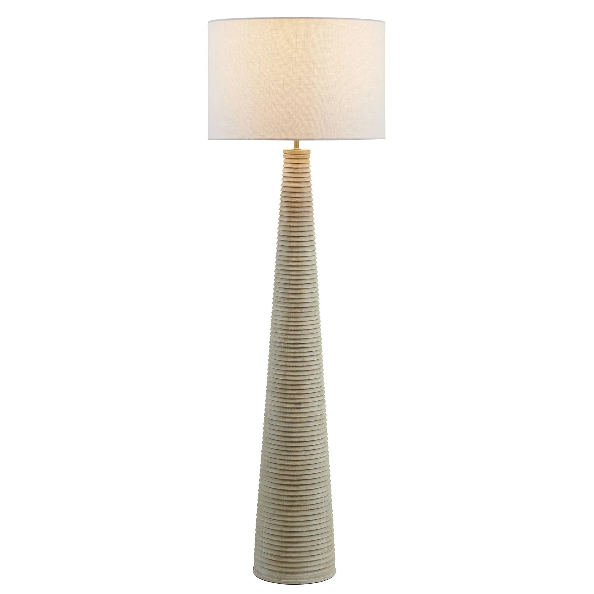 Saylor Carved Ribbed Wood Floor Lamp With Drum Shade in White Gray